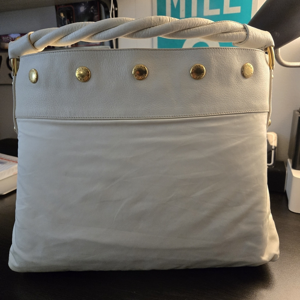 Authentic Prada Off White Nylon and Leather Braided Handle Hobo Bag